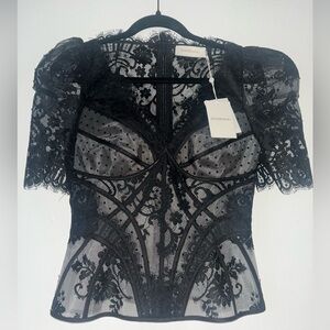 Zimmermann Dancer Black Cotton Paneled Organza, Tulle And Lace Blouse Size 1